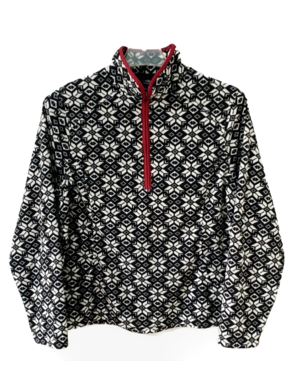 Lands’ End Snowflake Print Quarter Zip Long Sleeve Fleece Jacket Black White Red